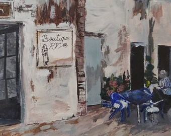Portuguese Cafe Painting: Mixed Media Art, Matted & Ready to Frame