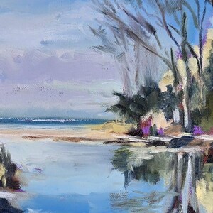 May include: A painting of a river scene with trees on the banks. The water is blue and the sky is a light purple. The trees are green and brown. The painting is done in a loose, impressionistic style.