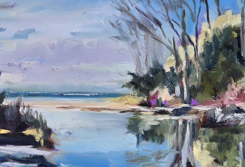 May include: A painting of a river scene with trees on the banks. The water is blue and the sky is a light purple. The trees are green and brown. The painting is done in a loose, impressionistic style.