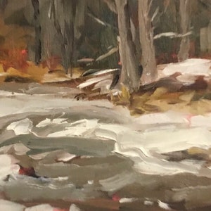 May include: A painting of a snowy forest scene with a stream running through it. The trees are bare and the ground is covered in white snow. The stream is partially frozen over and the water is a light gray color.