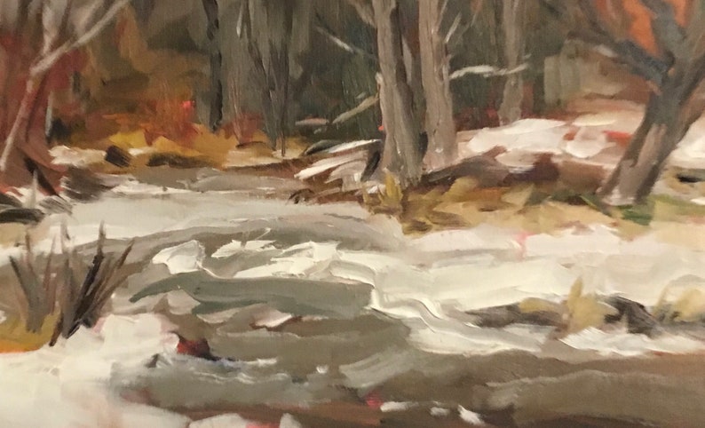 May include: A painting of a snowy forest scene with a stream running through it. The trees are bare and the ground is covered in white snow. The stream is partially frozen over and the water is a light gray color.