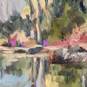 May include: A painting of a landscape with trees reflected in a still body of water. The trees are a mix of green, brown, and yellow, and the water is a light blue. The painting is signed "Big" in the lower right corner.