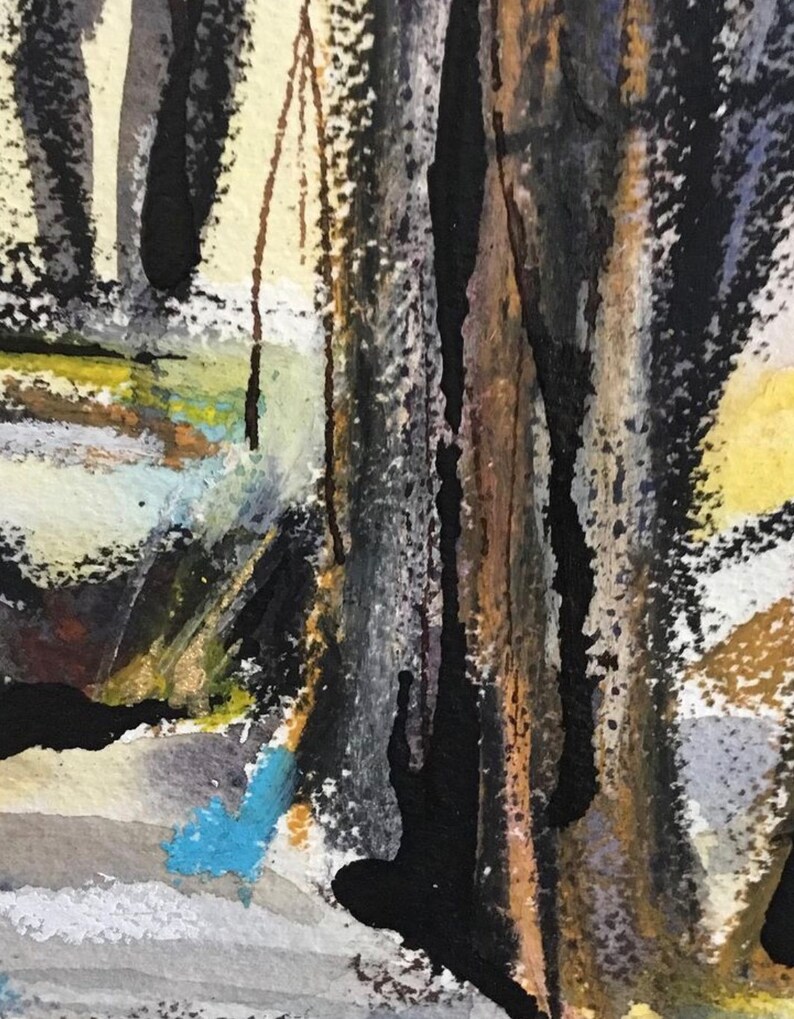 Puede incluir: Pintura abstracta con una superficie texturizada. La pintura presenta una variedad de colores, incluyendo negro, blanco, marr&oacute;n, amarillo y azul. Los colores se aplican en un estilo grueso e impasto, creando una sensaci&oacute;n de profundidad y textura.