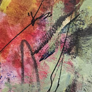 May include: An abstract painting featuring layered brushstrokes in shades of red, sage green, purple, and yellow. The composition includes thin, dark, hand-drawn ink lines that intersect across the textured surface, creating a complex visual pattern.