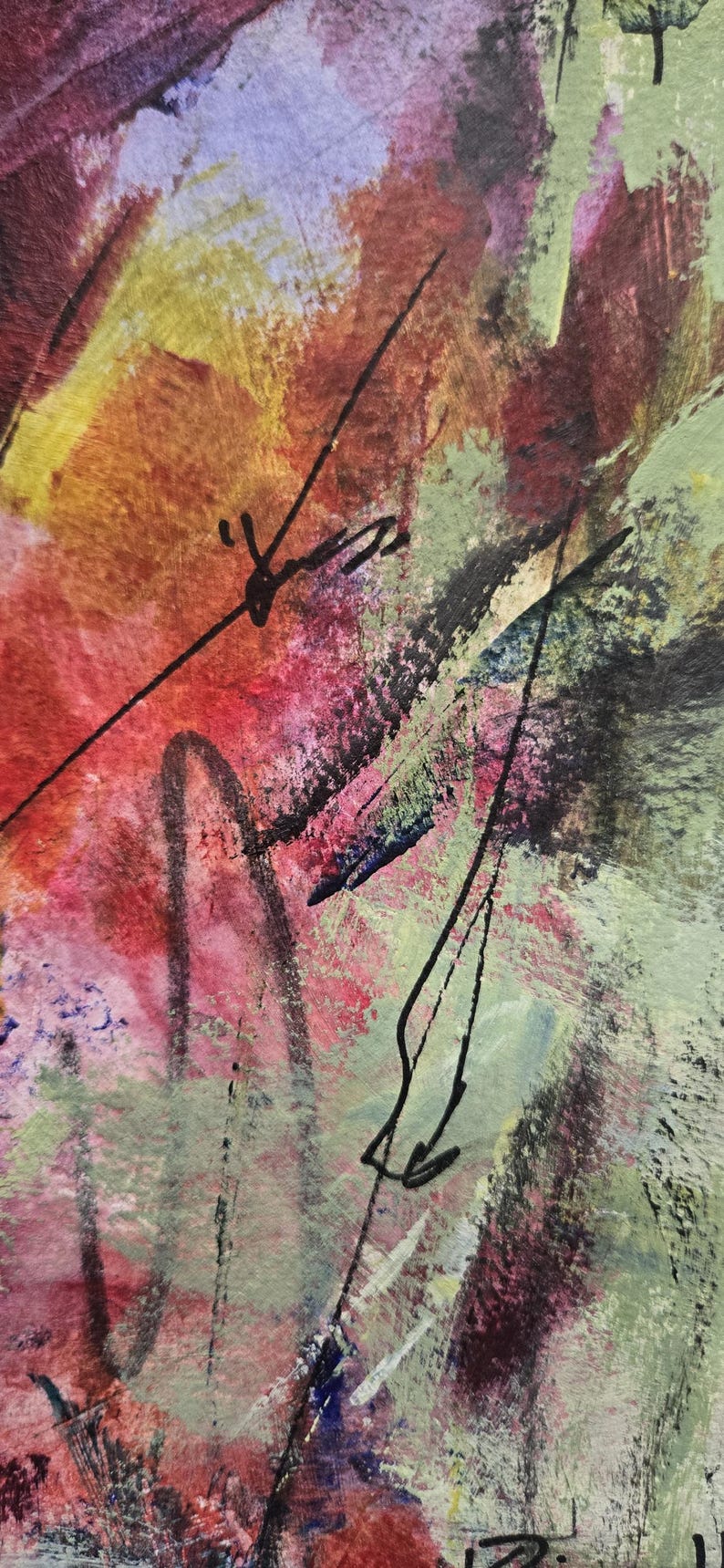 May include: An abstract painting featuring layered brushstrokes in shades of red, sage green, purple, and yellow. The composition includes thin, dark, hand-drawn ink lines that intersect across the textured surface, creating a complex visual pattern.