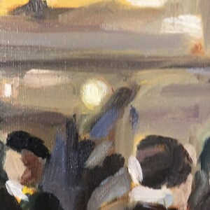 May include: A painting of a dark, rocky shoreline with a hazy, yellow sky in the background. The sky is painted with a light, airy brushstroke, while the rocks are painted with a more textured, impasto style.