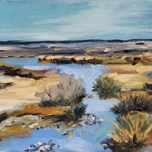 May include: A painting of a landscape with a blue sky, brown and green grasses, and a blue stream of water.