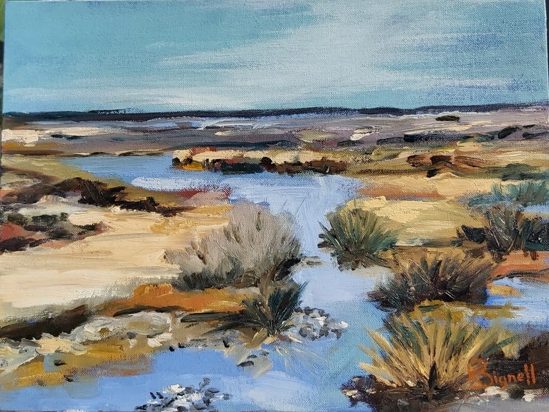 May include: A painting of a landscape with a blue sky, brown and green grasses, and a blue stream of water.
