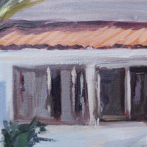 May include: A painting of a white building with a brown roof and a row of windows. The building is painted in a loose, impressionistic style.