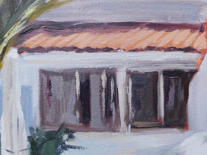 May include: A painting of a white building with a brown roof and a row of windows. The building is painted in a loose, impressionistic style.