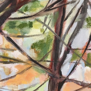 May include: Abstract painting of a tree with brown branches and green leaves against a white background.