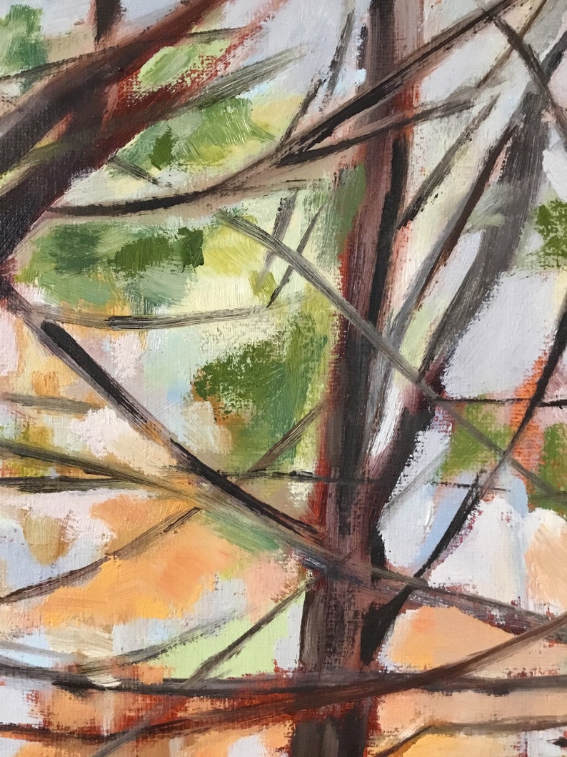 May include: Abstract painting of a tree with brown branches and green leaves against a white background.
