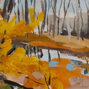 May include: A painting of a forest scene with a small pond in the foreground. The trees are mostly bare, but there are some yellow leaves on the branches. The pond is a light blue color and reflects the trees and sky. The painting is done in a loose, impressionistic style.