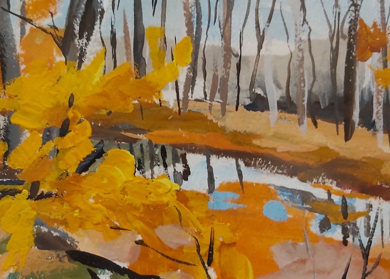 May include: A painting of a forest scene with a small pond in the foreground. The trees are mostly bare, but there are some yellow leaves on the branches. The pond is a light blue color and reflects the trees and sky. The painting is done in a loose, impressionistic style.
