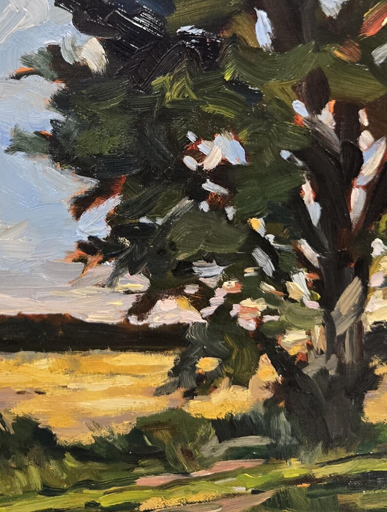 May include: Oil painting depicting a tree with dark green foliage and a thick, dark trunk. The background shows a yellow field and a light blue sky. The artwork has visible brushstrokes and a textured appearance.