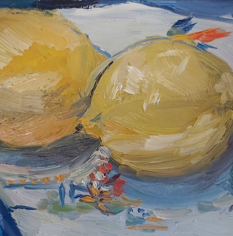 May include: Two yellow lemons on a blue and white patterned surface. The lemons are painted in a loose, impressionistic style with visible brushstrokes.