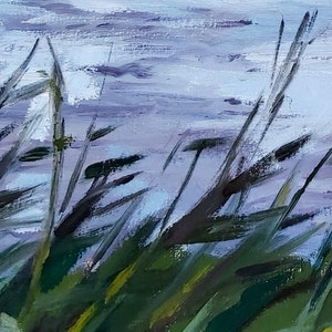 May include: An oil painting depicting a serene landscape. The foreground features tall, green reeds and grasses, with a blurred, light blue and white background suggesting water and sky. The brushstrokes are visible, creating a textured effect.