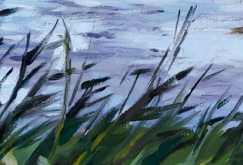 May include: An oil painting depicting a serene landscape. The foreground features tall, green reeds and grasses, with a blurred, light blue and white background suggesting water and sky. The brushstrokes are visible, creating a textured effect.