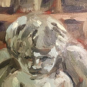 May include: A close-up of a painting of a child's face. The child has short, light brown hair and is looking down. The painting is done in a loose, impressionistic style with visible brushstrokes.