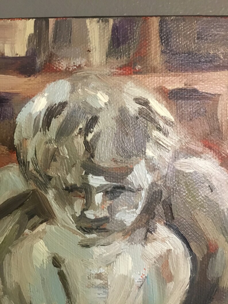 May include: A close-up of a painting of a child's face. The child has short, light brown hair and is looking down. The painting is done in a loose, impressionistic style with visible brushstrokes.