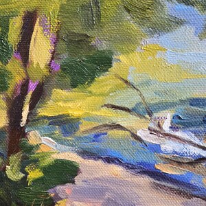 May include: A painting of a landscape with a tree in the foreground and a body of water in the background. The tree has green leaves and a brown trunk. The water is blue and has white waves. The sky is a light blue color.