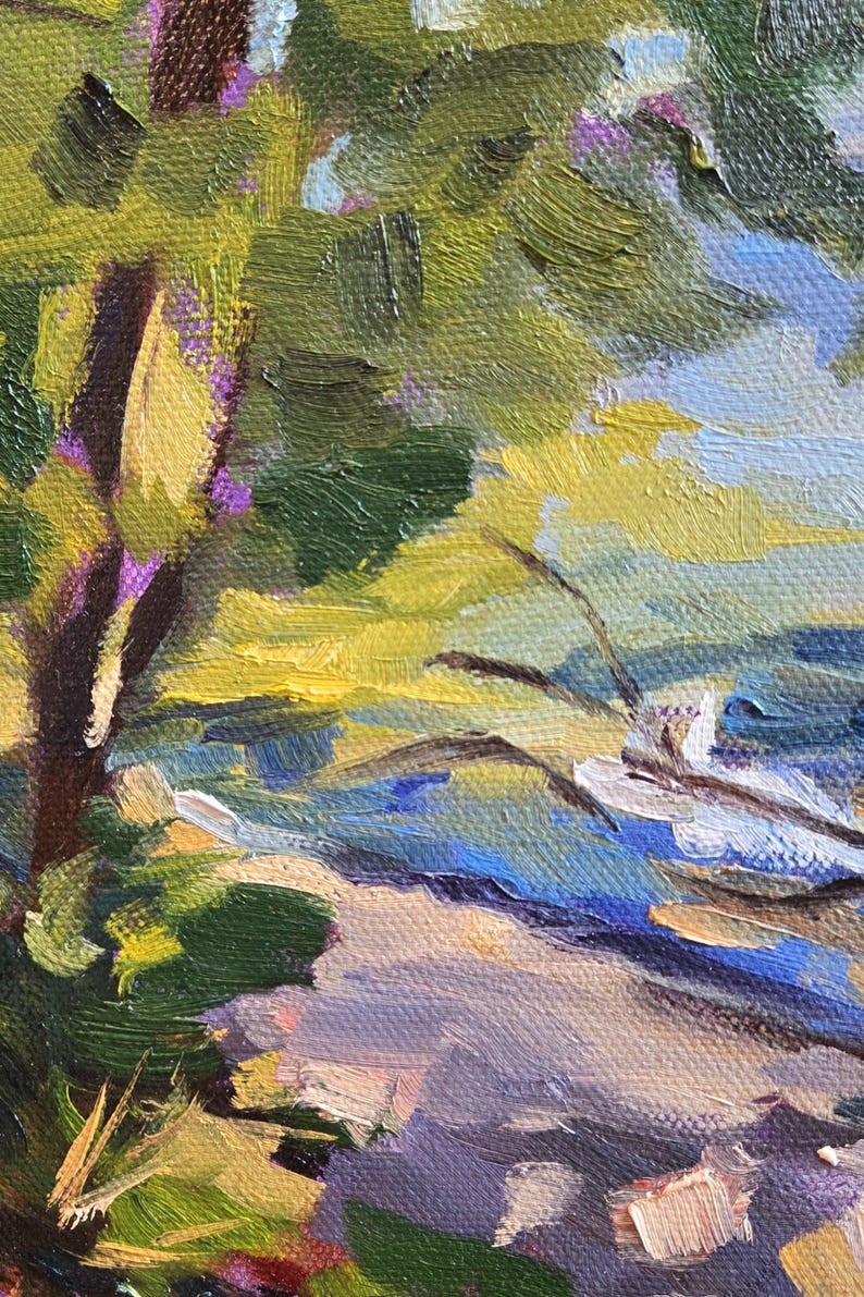 May include: A painting of a landscape with a tree in the foreground and a body of water in the background. The tree has green leaves and a brown trunk. The water is blue and has white waves. The sky is a light blue color.
