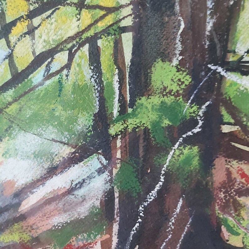 May include: A painting of a forest scene with tall trees and green foliage. The trees are painted in shades of brown and black, with white highlights. The foliage is a vibrant green, with some yellow accents.