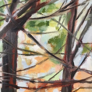 May include: Abstract painting of a forest scene with thick brown tree trunks and branches, painted in a loose style with visible brushstrokes. The background is a mix of green, blue, and orange hues.