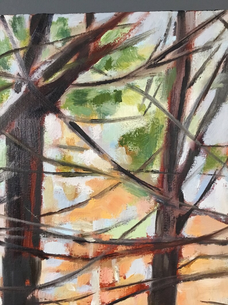 May include: Abstract painting of a forest scene with thick brown tree trunks and branches, painted in a loose style with visible brushstrokes. The background is a mix of green, blue, and orange hues.