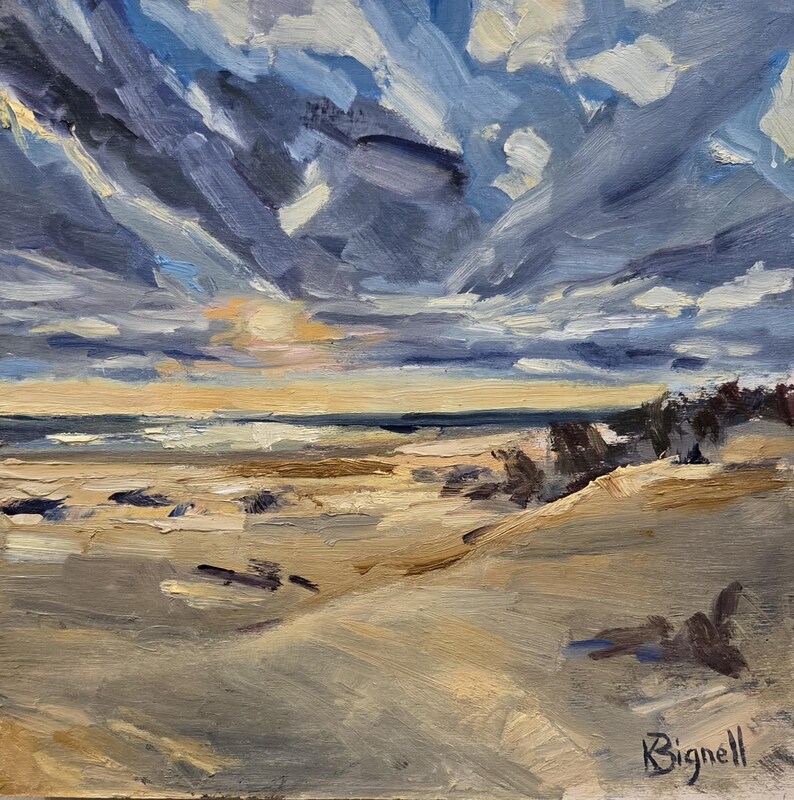 May include: An oil painting on canvas depicting a coastal landscape with sandy dunes in the foreground, a dark blue ocean horizon, and a dramatic sky filled with thick, textured clouds in shades of blue, white, and grey. The artist signature Bignell is visible.