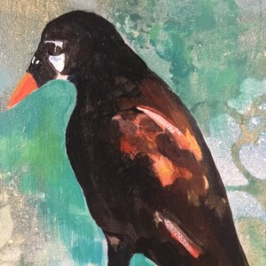 Op de afbeelding: Een schilderij van een zwarte vogel met een rode snavel en oranje en bruine veren. De vogel zit op een tak tegen een groene en blauwe achtergrond.