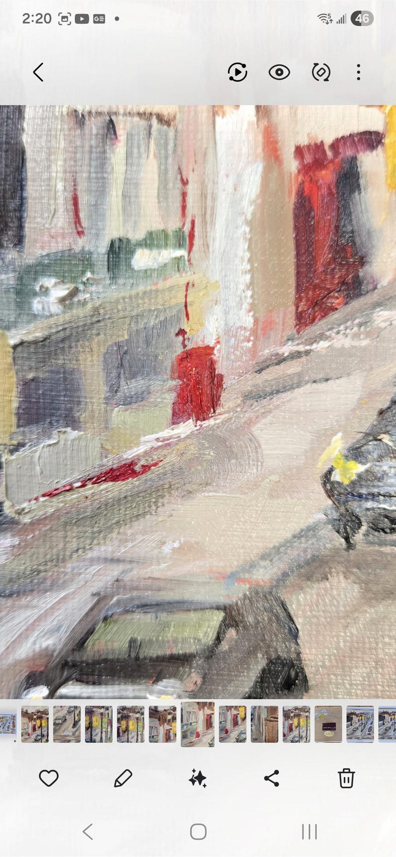 May include: Abstract oil painting depicting a cityscape with buildings and streets. The artwork uses a palette of neutral tones with accents of red, yellow, and green. The brushstrokes are visible, creating a textured effect.