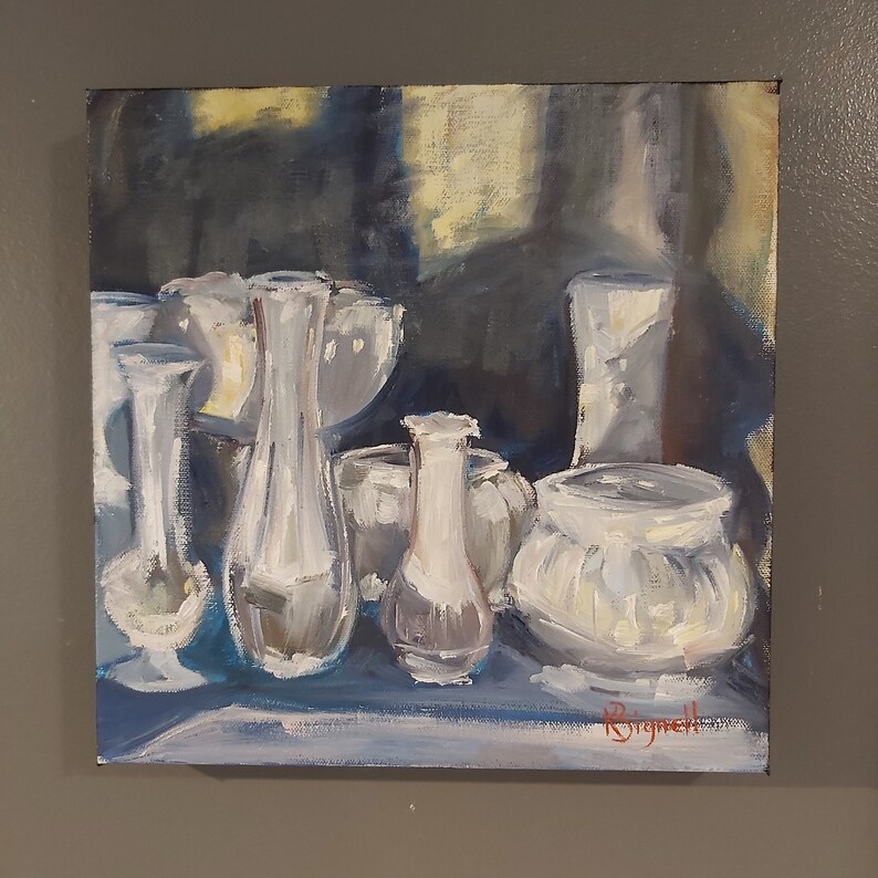 Original oil painting still life, white vases on square foot canvas, contemporary, unique piece bild 10