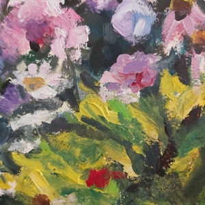 May include: Abstract painting of flowers in shades of pink, purple, white, green, and yellow. The flowers are painted with thick brushstrokes, creating a textured effect.