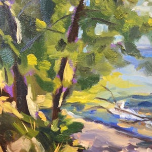 May include: A painting of a beach scene with trees in the foreground and a blue body of water in the background. The trees are painted in shades of green, yellow, and purple. The water is painted in shades of blue and white.