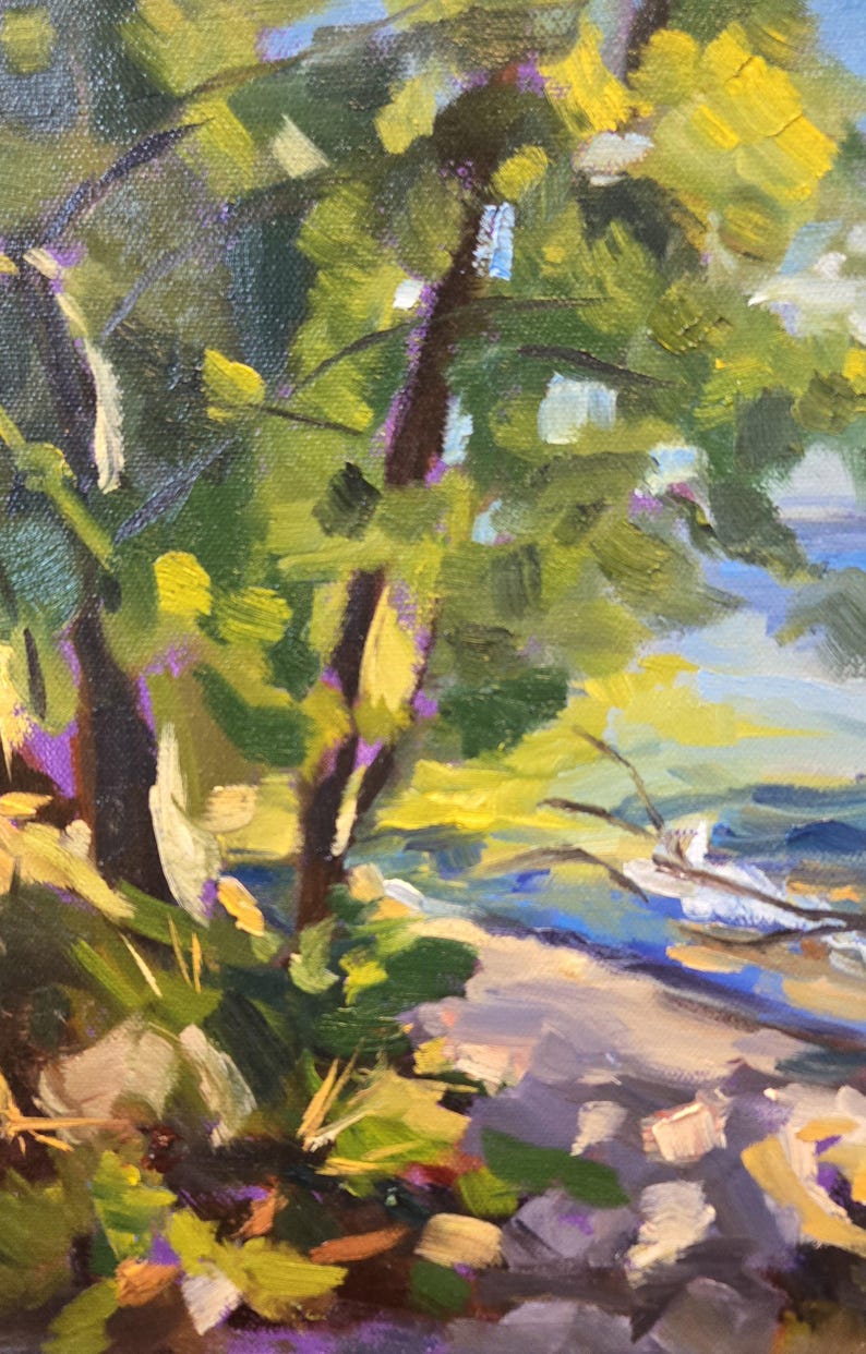 May include: A painting of a beach scene with trees in the foreground and a blue body of water in the background. The trees are painted in shades of green, yellow, and purple. The water is painted in shades of blue and white.
