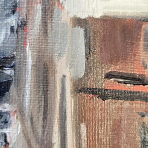 May include: Close-up of an abstract painting with visible brushstrokes. The artwork features a palette of muted colors, including browns, grays, and hints of red. The texture suggests an oil or acrylic medium, creating a tactile visual experience.