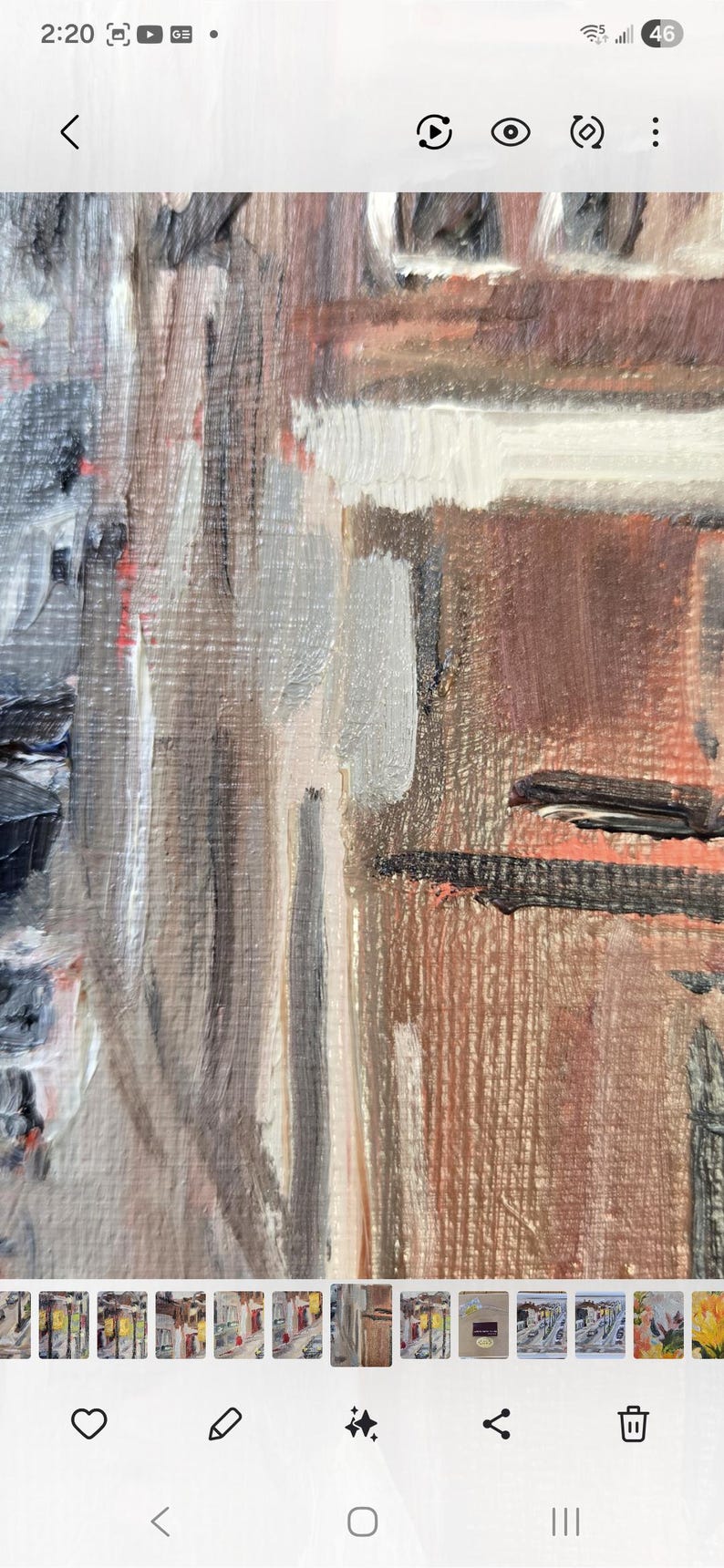 May include: Close-up of an abstract painting with visible brushstrokes. The artwork features a palette of muted colors, including browns, grays, and hints of red. The texture suggests an oil or acrylic medium, creating a tactile visual experience.