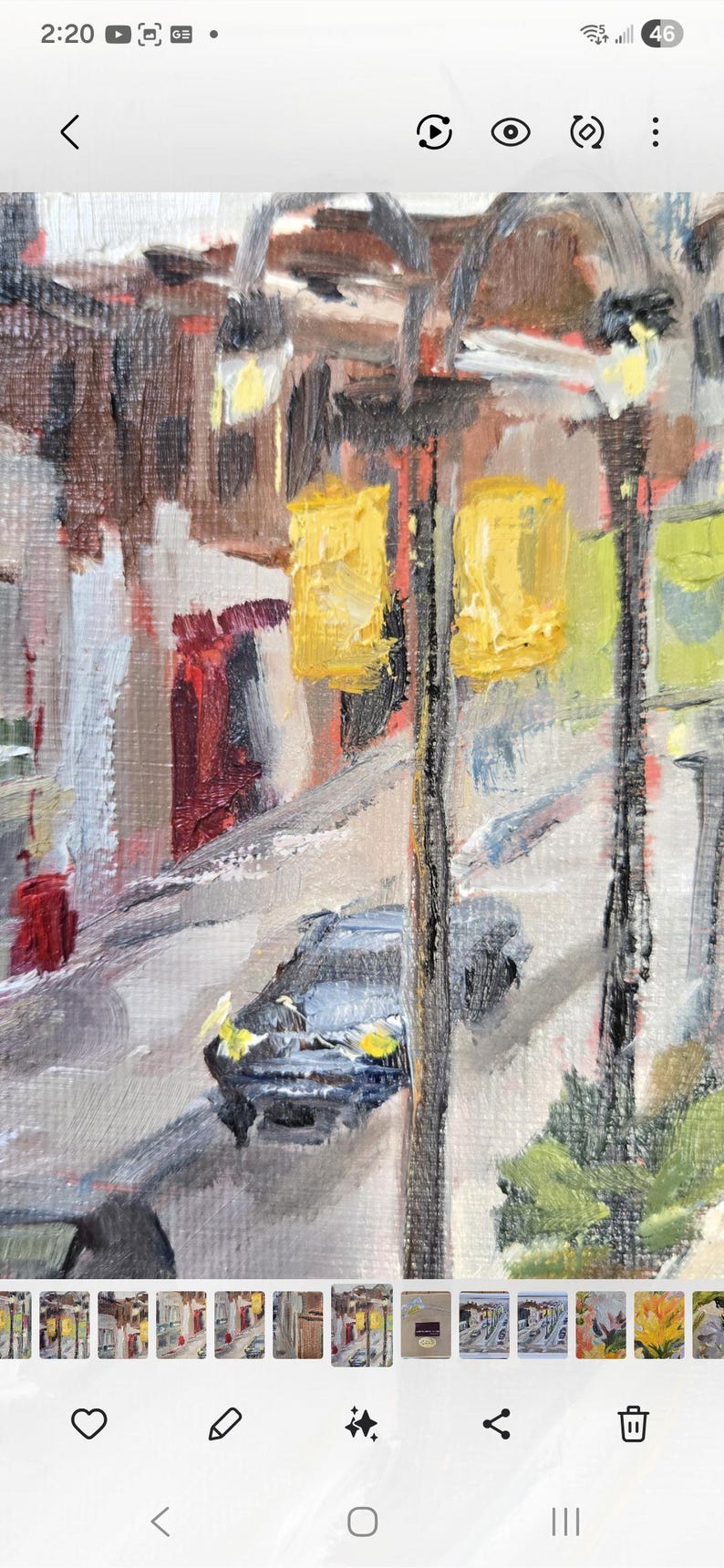 May include: An impressionistic oil painting of a city street scene. The artwork features yellow traffic lights, a car, and buildings with a palette of browns, reds, and grays. The style is loose and textured.
