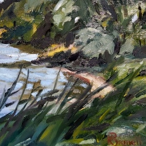 May include: Oil painting of a waterside landscape. The artwork features a body of water with a light blue hue, a sandy bank, and lush green foliage. The brushstrokes are visible, creating a textured effect. The artist's signature is in the bottom right corner.