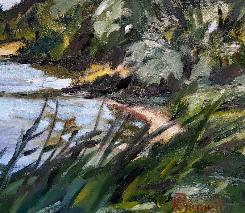 May include: Oil painting of a waterside landscape. The artwork features a body of water with a light blue hue, a sandy bank, and lush green foliage. The brushstrokes are visible, creating a textured effect. The artist's signature is in the bottom right corner.