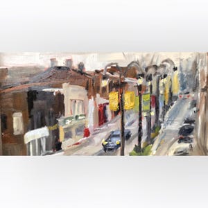 May include: Oil painting of a street scene with buildings and streetlights. The artwork features a muted color palette with a focus on the architecture and the play of light and shadow. A car is visible on the street.
