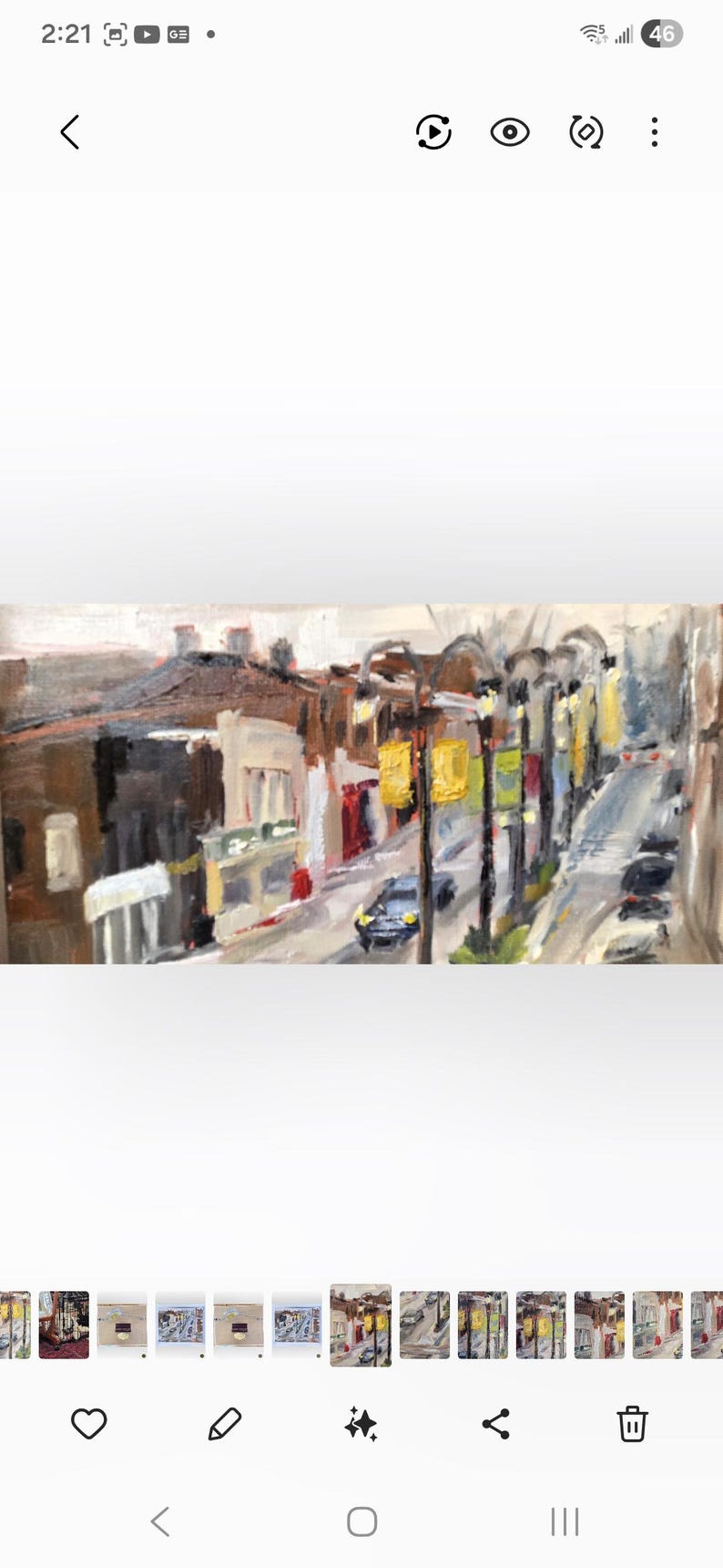 May include: Oil painting of a street scene with buildings and streetlights. The artwork features a muted color palette with a focus on the architecture and the play of light and shadow. A car is visible on the street.