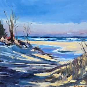May include: A painting of a beach scene with a blue sky, white sand, and blue water. The painting is done in a loose, impressionistic style. There are trees in the foreground and a small stream of water flowing into the ocean.