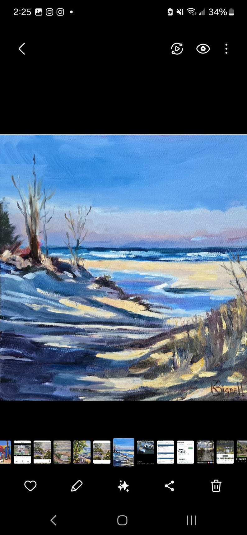 May include: A painting of a beach scene with a blue sky, white sand, and blue water. The painting is done in a loose, impressionistic style. There are trees in the foreground and a small stream of water flowing into the ocean.