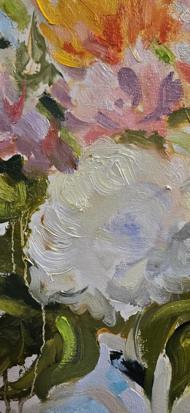 May include: Close-up of an oil painting depicting a bouquet of flowers. The artwork features thick brushstrokes and a palette of white, pink, yellow, and green hues. The flowers are the focal point, with detailed textures and vibrant colors.