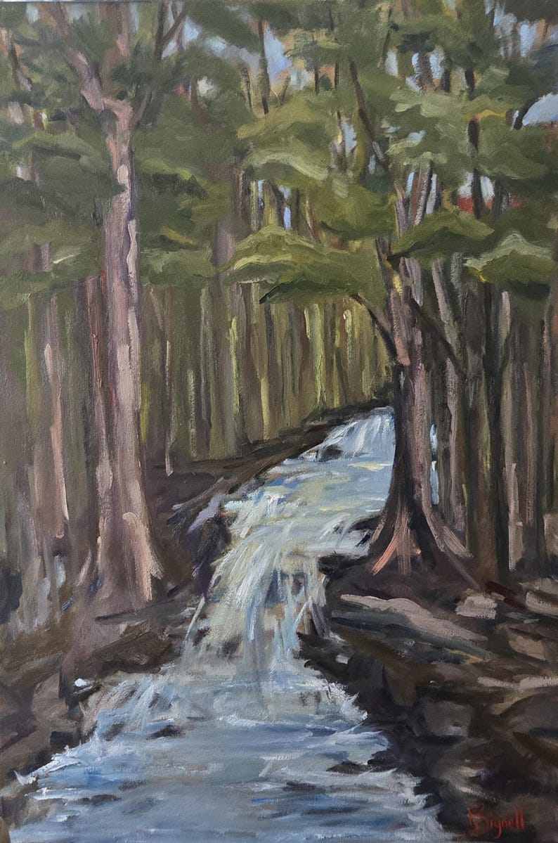 May include: Oil painting of a forest scene with a waterfall. The artwork depicts tall trees with green foliage and a stream of water cascading down rocks. The color palette includes shades of brown, green, and blue.