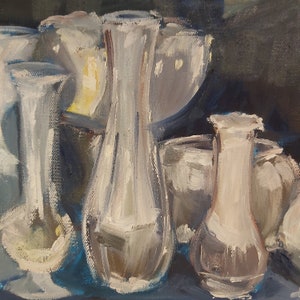 Original oil painting still life, white vases on square foot canvas, contemporary, unique piece bild 9