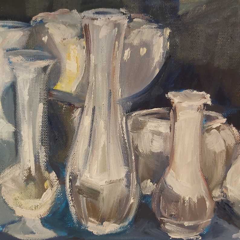 Original oil painting still life, white vases on square foot canvas, contemporary, unique piece bild 9