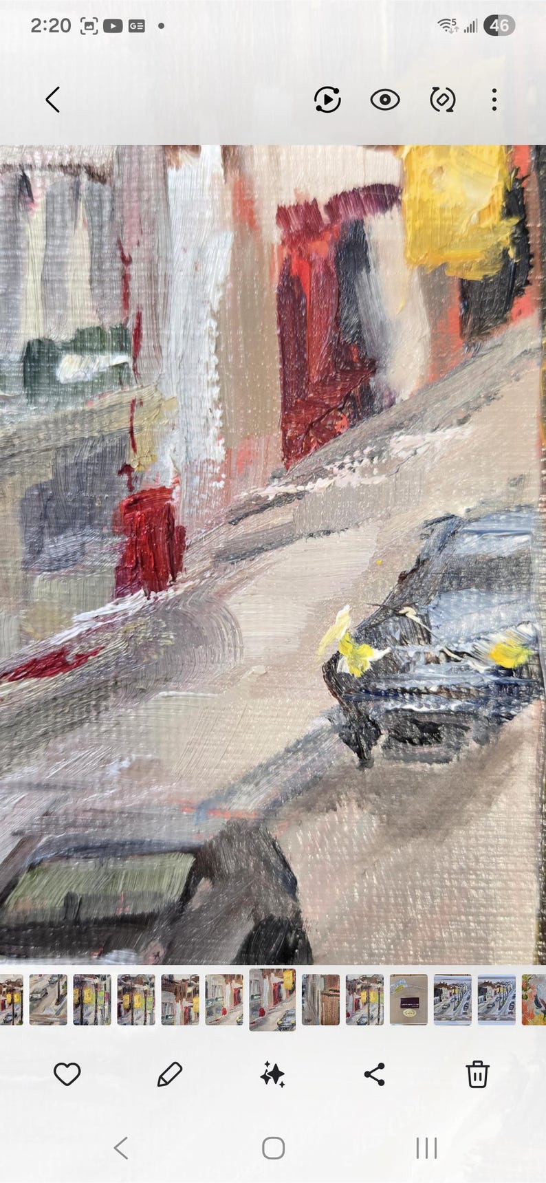 May include: An impressionistic oil painting of a city street scene. The artwork features a palette of muted tones with accents of red and yellow. The brushstrokes are visible, creating a textured effect.